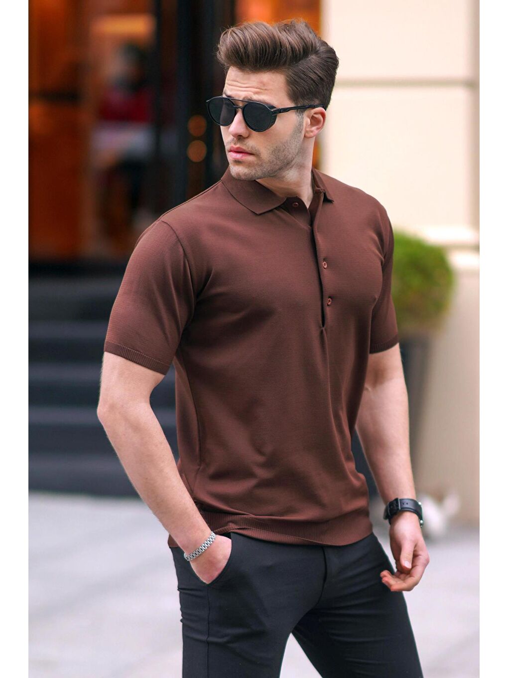 Kahverengi Erkek Polo Yaka Düz Tişört 6878-1