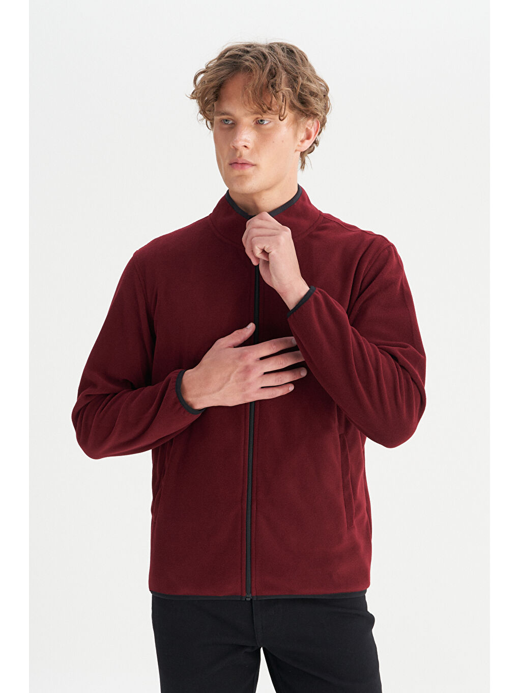 Regular Fit Normal Kesim Dik Yaka Fermuarlı Bordo Polar Ceket-2