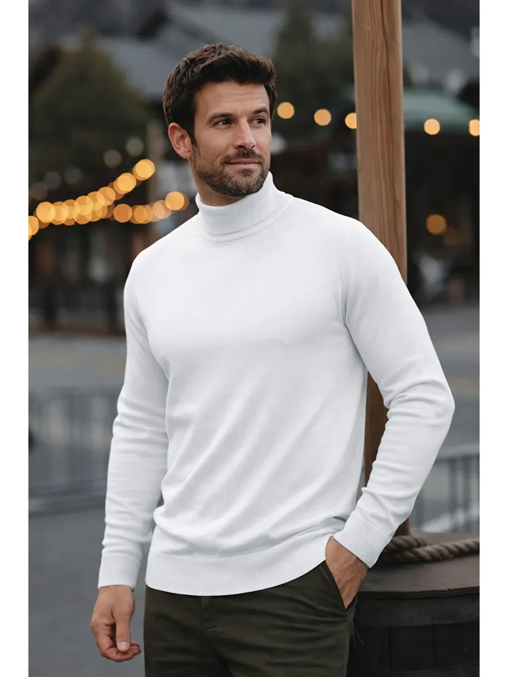 Erkek Günlük Dar Beyaz Tam Balıkçı Yaka Kazak-1