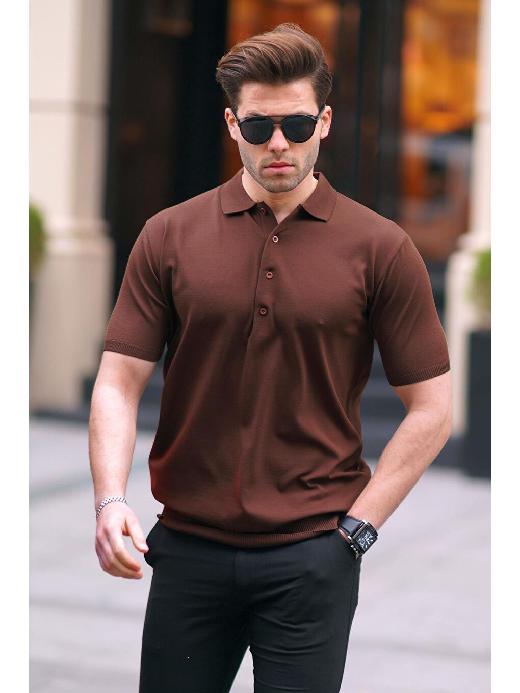 Kahverengi Erkek Polo Yaka Düz Tişört 6878-2