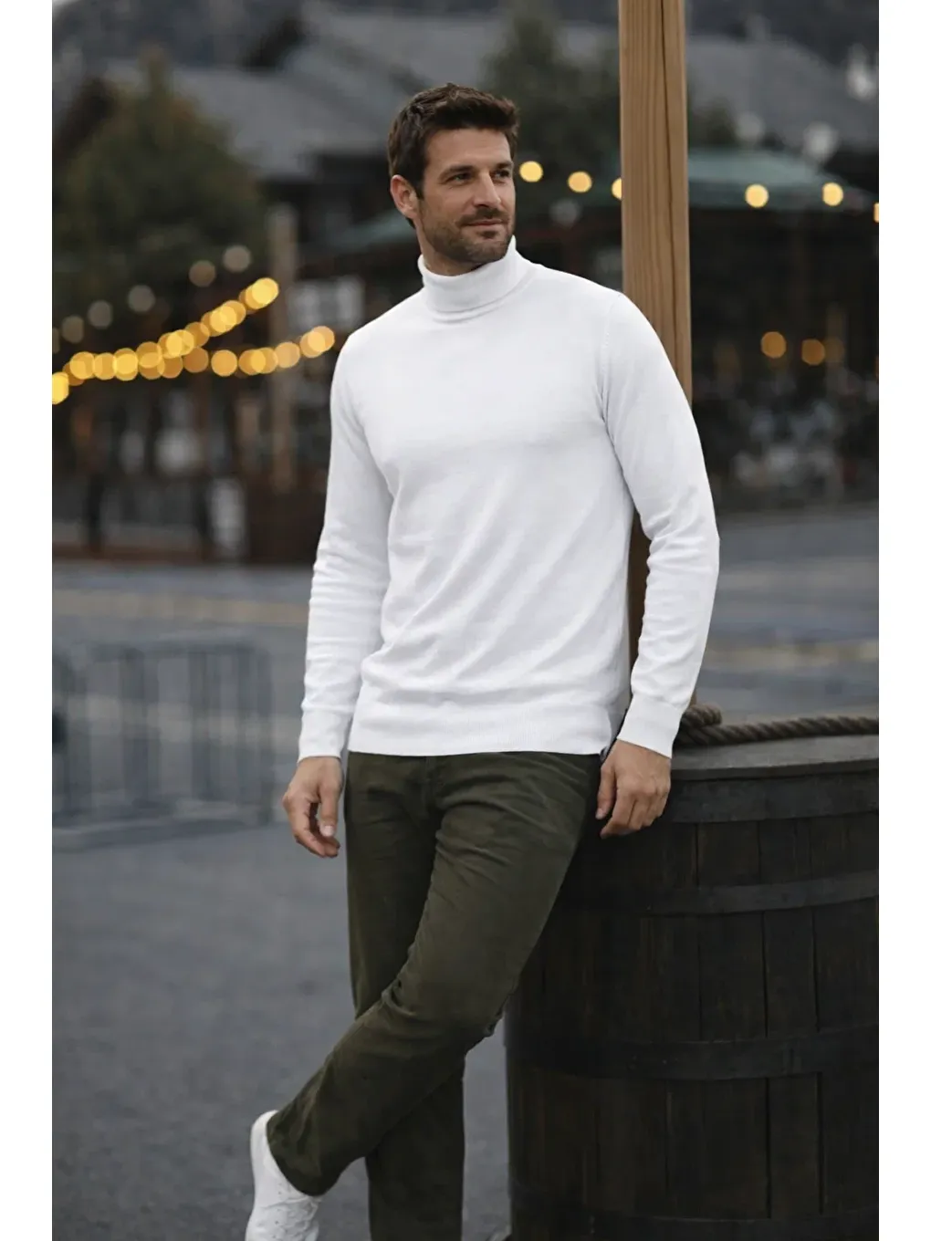 Erkek Günlük Dar Beyaz Tam Balıkçı Yaka Kazak-2