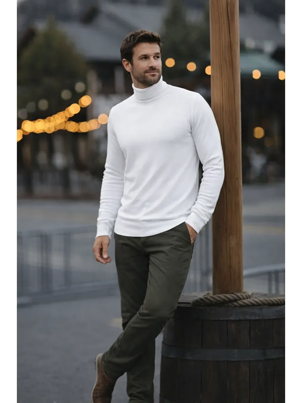 Erkek Günlük Dar Beyaz Tam Balıkçı Yaka Kazak-3