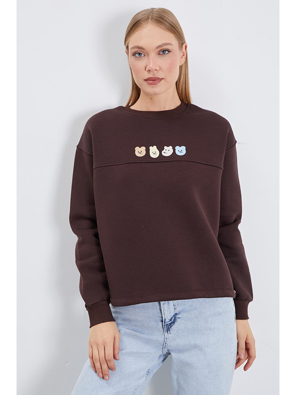 Kahverengi 3 İplik Ayıcık Nakışlı Stoperli Oversize Sweatshirt-1