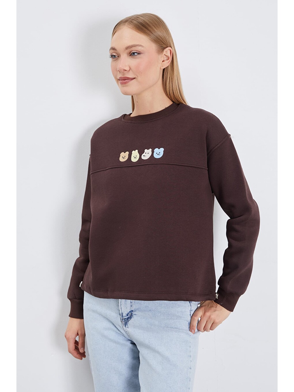 Kahverengi 3 İplik Ayıcık Nakışlı Stoperli Oversize Sweatshirt-2