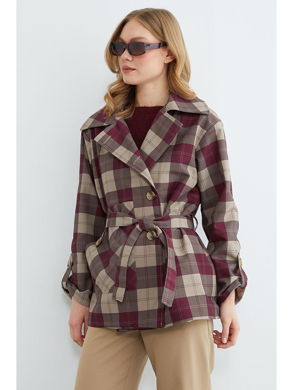 Bordo Ekose Desenli Kuşaklı Trençkot-1