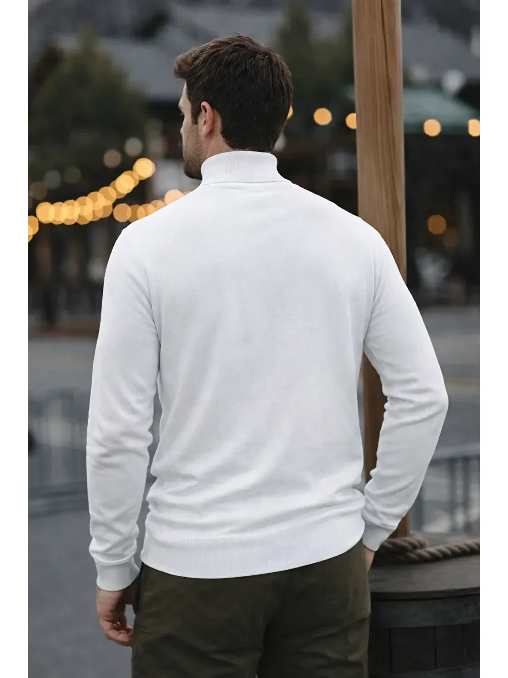 Erkek Günlük Dar Beyaz Tam Balıkçı Yaka Kazak-5