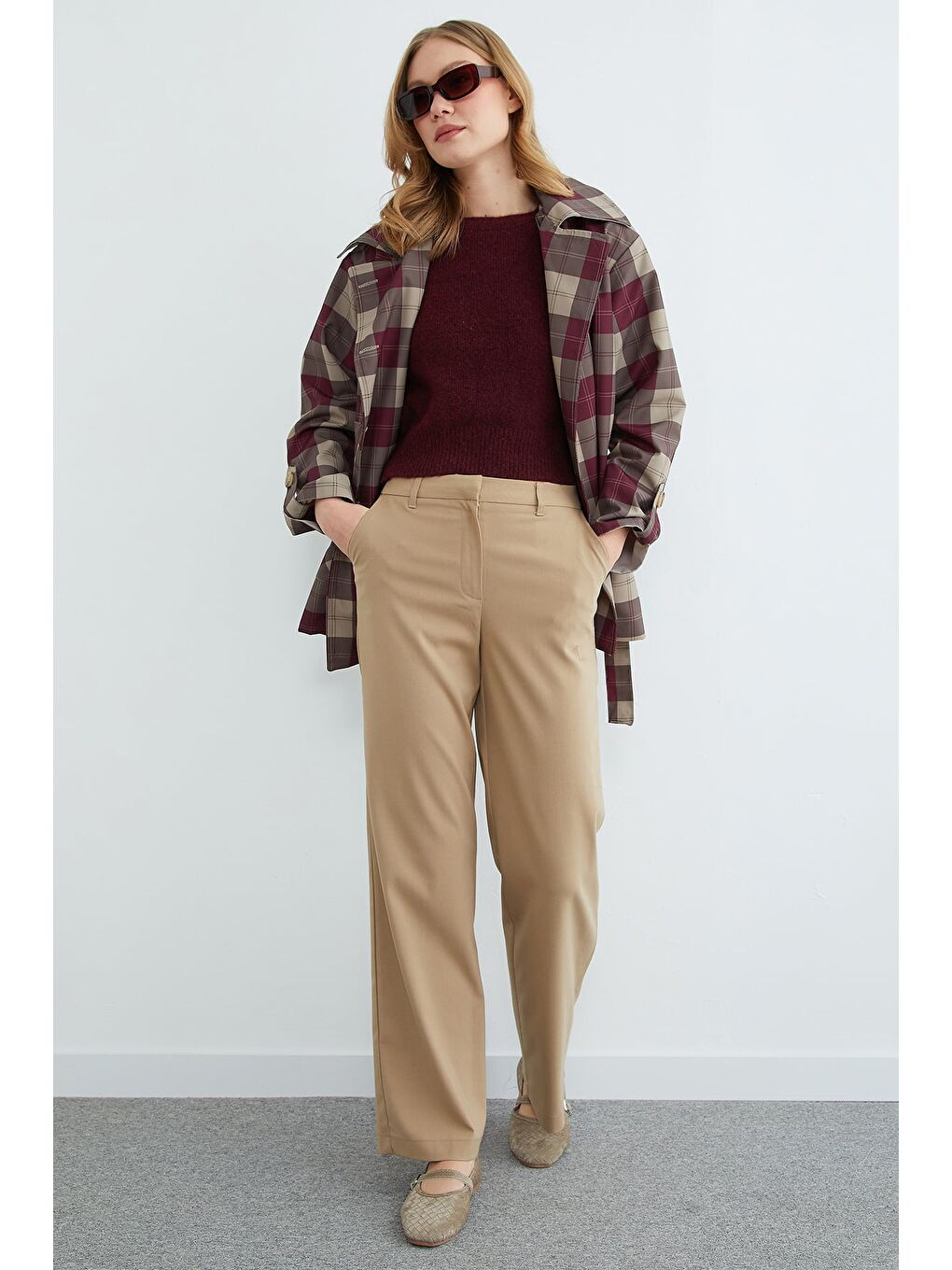 Bordo Ekose Desenli Kuşaklı Trençkot-4