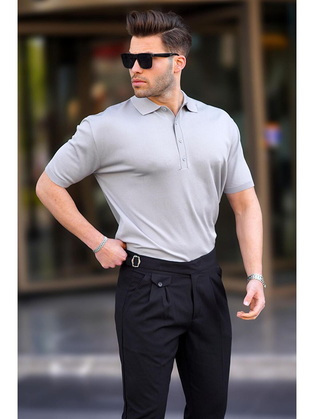 Gri Erkek Polo Yaka Düz Tişört 6878-1