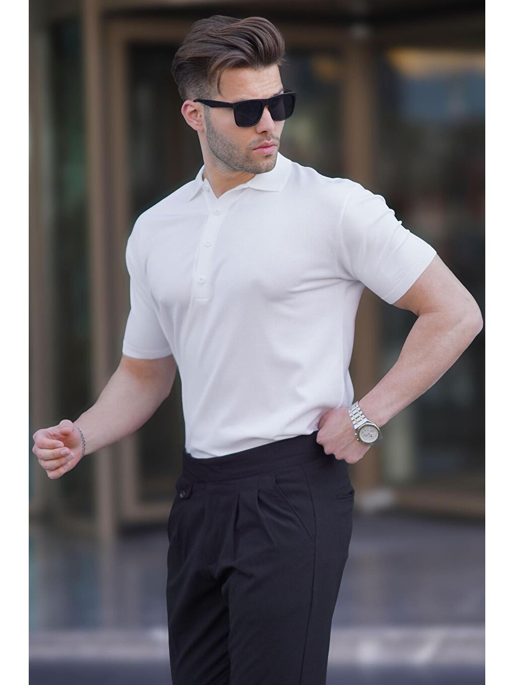 Beyaz Erkek Polo Yaka Düz Tişört 6878-1