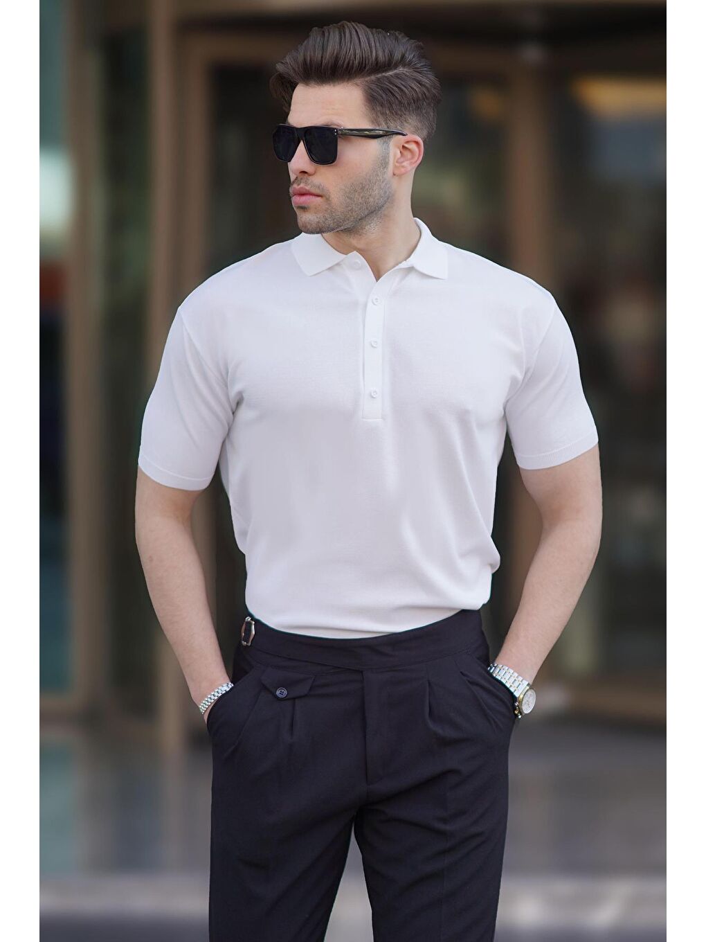 Beyaz Erkek Polo Yaka Düz Tişört 6878-2