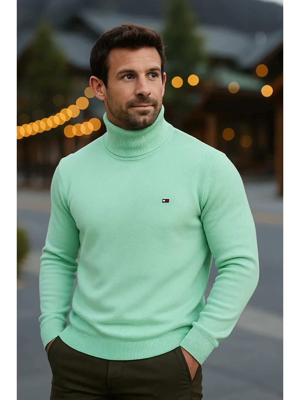 Yeşil Erkek Günlük Dar Mint Tam Balıkçı Yaka Kazak-1