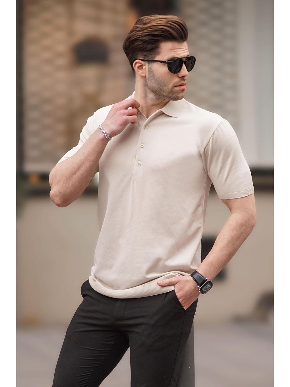 Bej Taş Rengi Erkek Polo Yaka Düz Tişört 6878-1