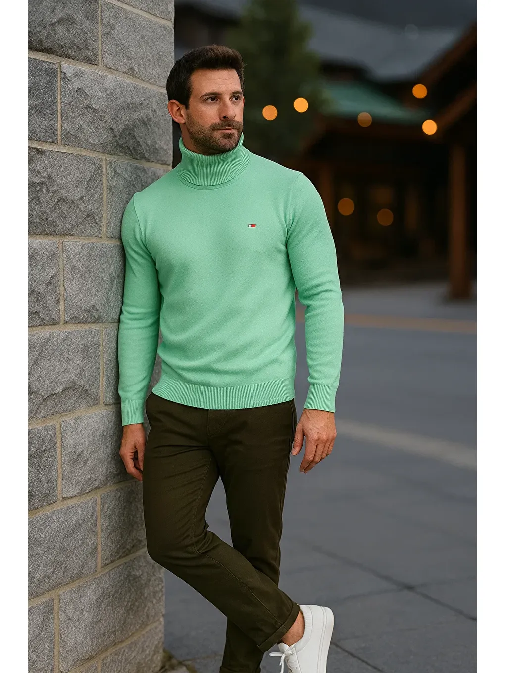 Yeşil Erkek Günlük Dar Mint Tam Balıkçı Yaka Kazak-2