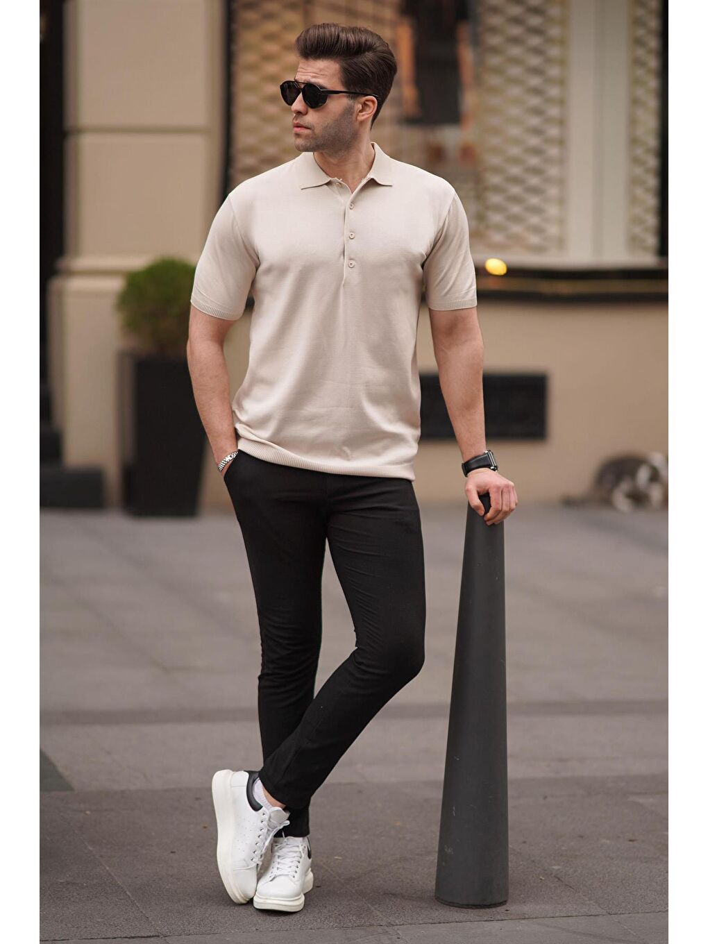 Bej Taş Rengi Erkek Polo Yaka Düz Tişört 6878-2