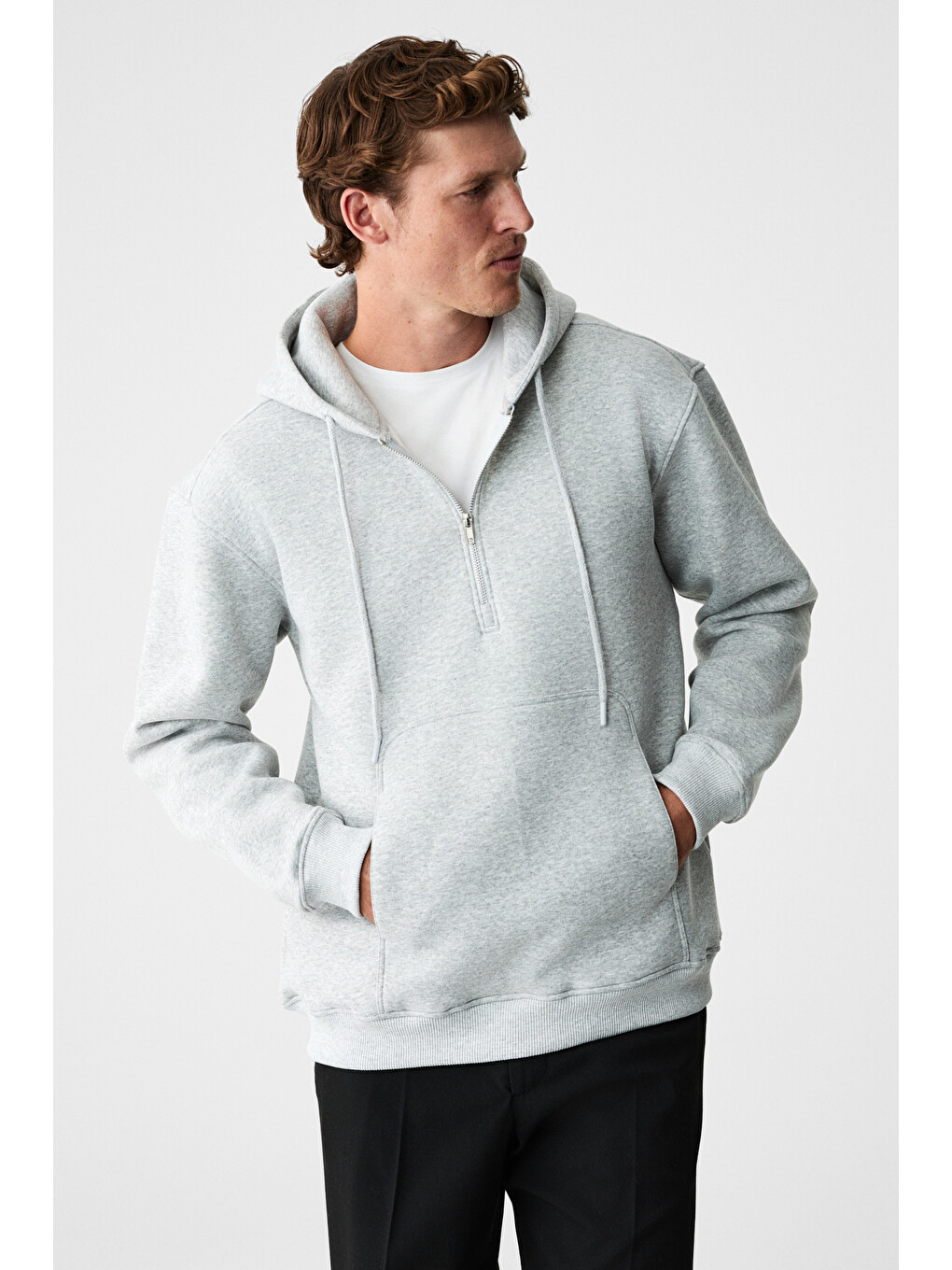 Justus Erkek Kapüşonlu Kanguru Cepli Fermuar Yakalı Gri Melanj Sweatshirt-5