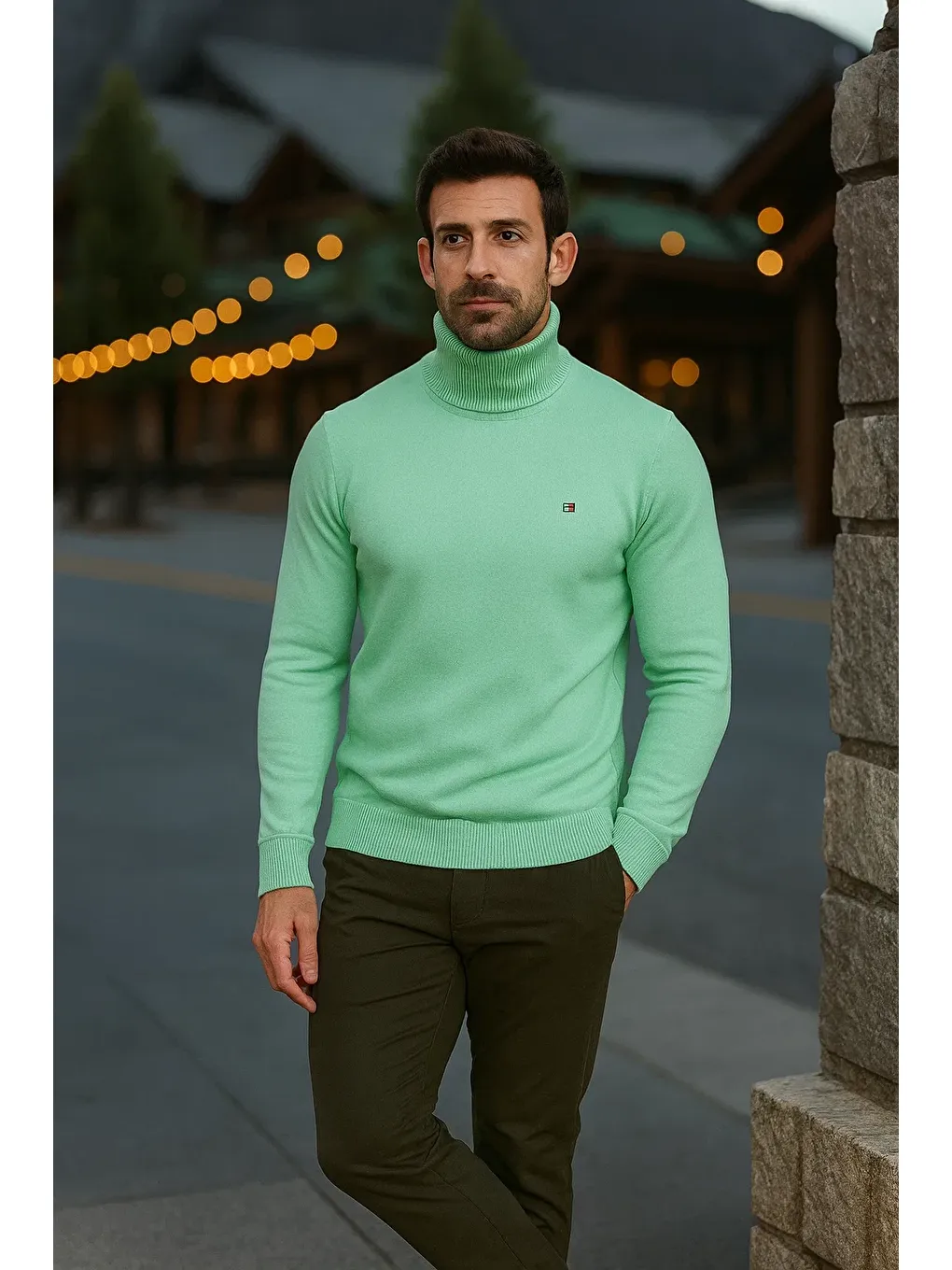 Yeşil Erkek Günlük Dar Mint Tam Balıkçı Yaka Kazak-3