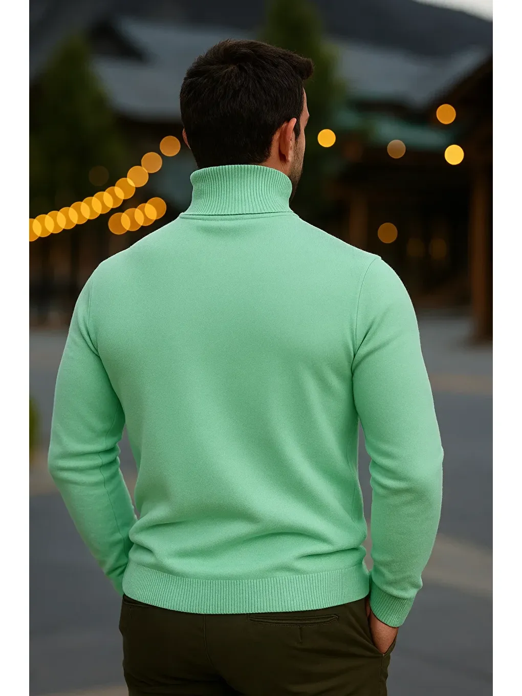 Yeşil Erkek Günlük Dar Mint Tam Balıkçı Yaka Kazak-4