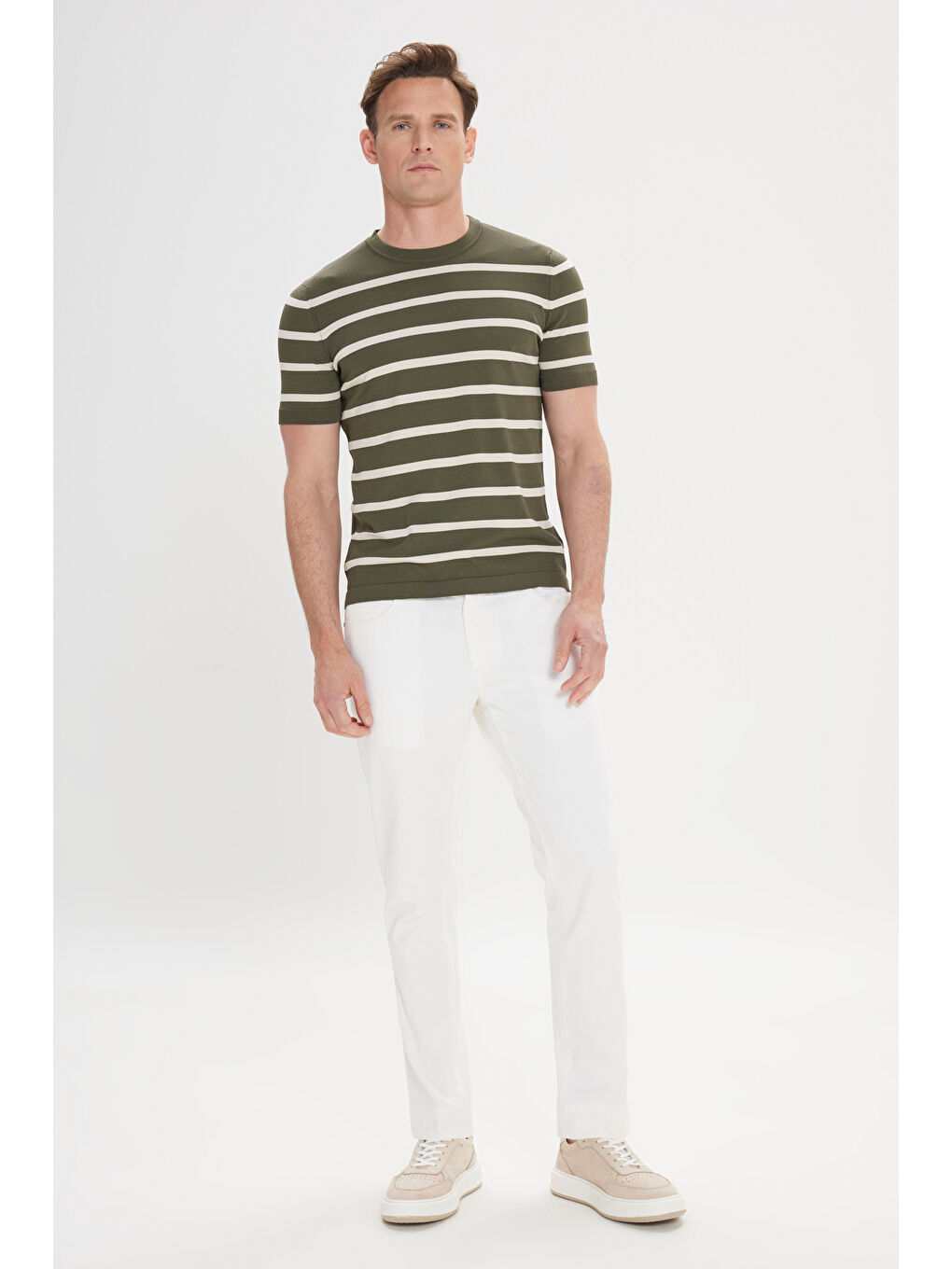Erkek Haki-Ekru Yumuşak Dokulu Normal Kesim Bisiklet Yaka Çizgili Triko Tişört-1