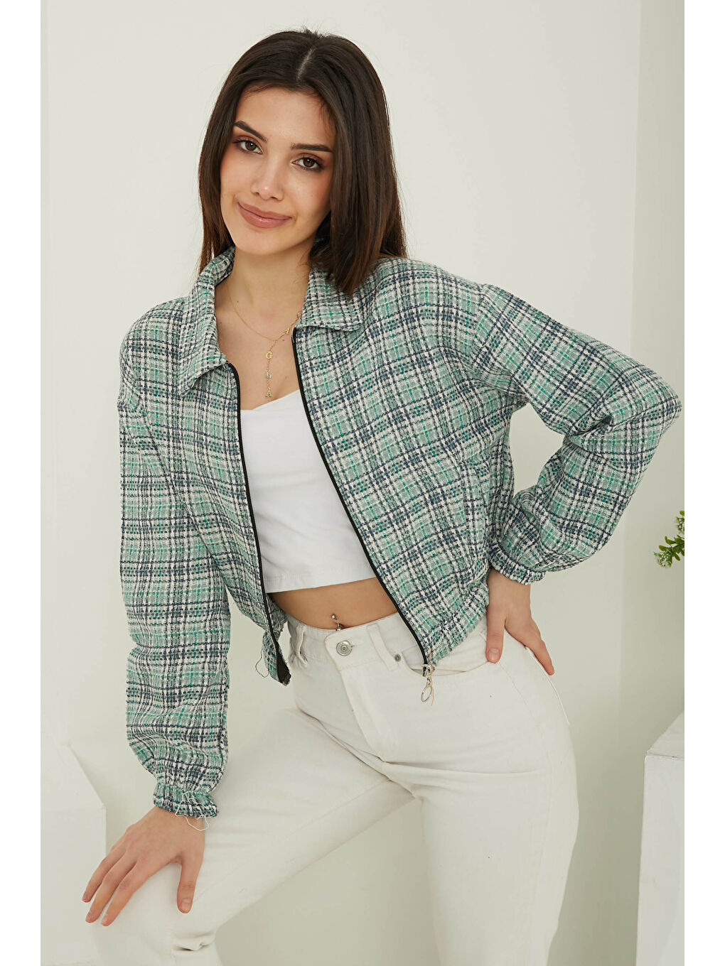 Yeşil Kadın Polo Yaka Ekose Desenli Fermuarlı Ceket Yesil - 13362-1