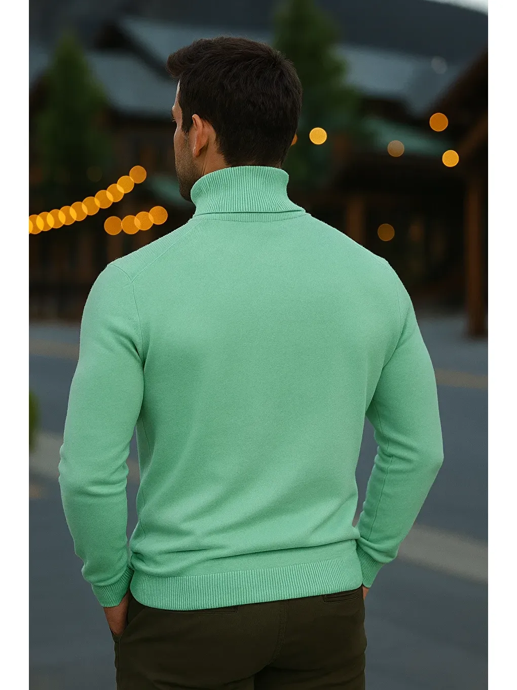 Yeşil Erkek Günlük Dar Mint Tam Balıkçı Yaka Kazak-5