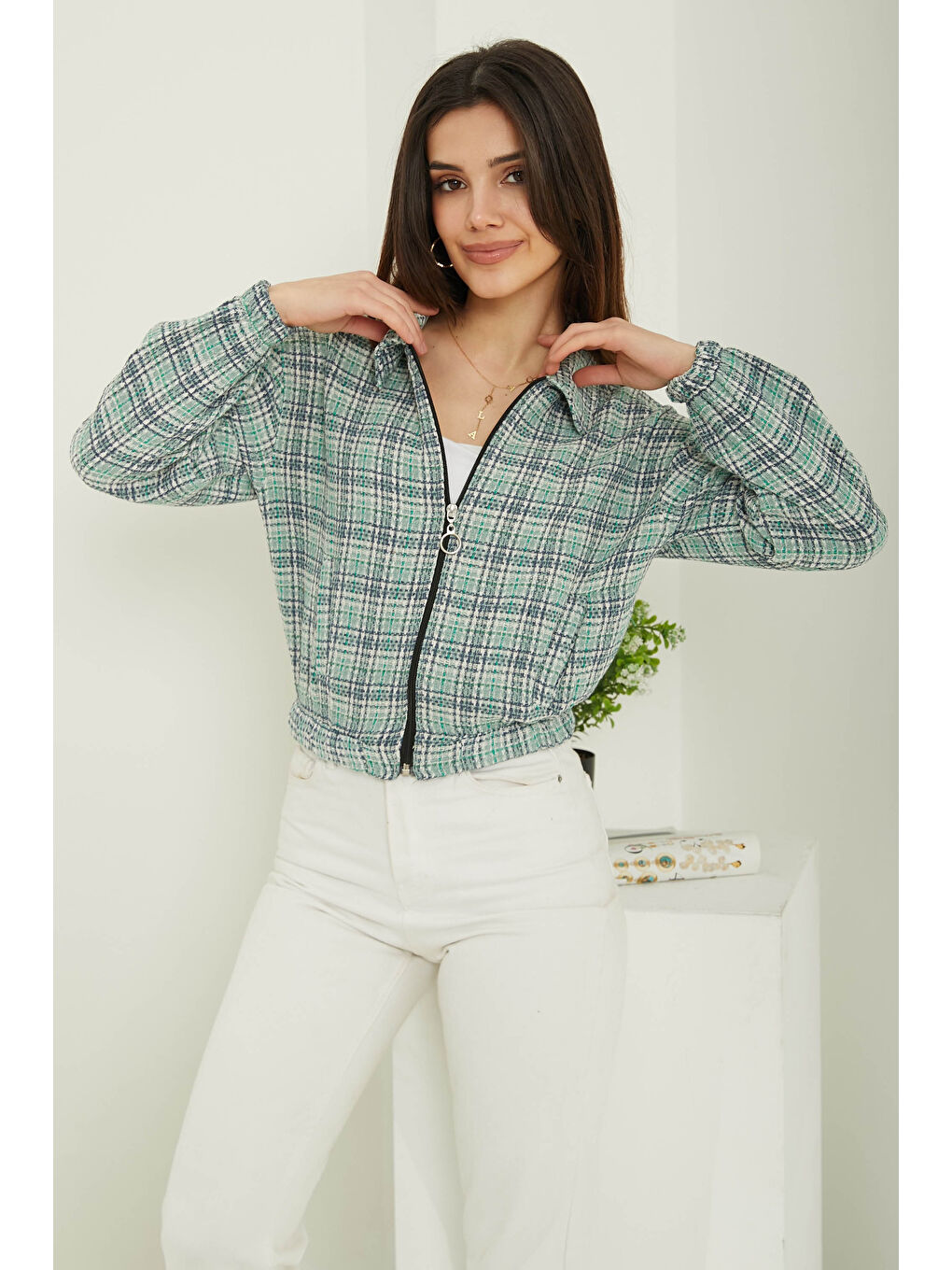 Yeşil Kadın Polo Yaka Ekose Desenli Fermuarlı Ceket Yesil - 13362-2