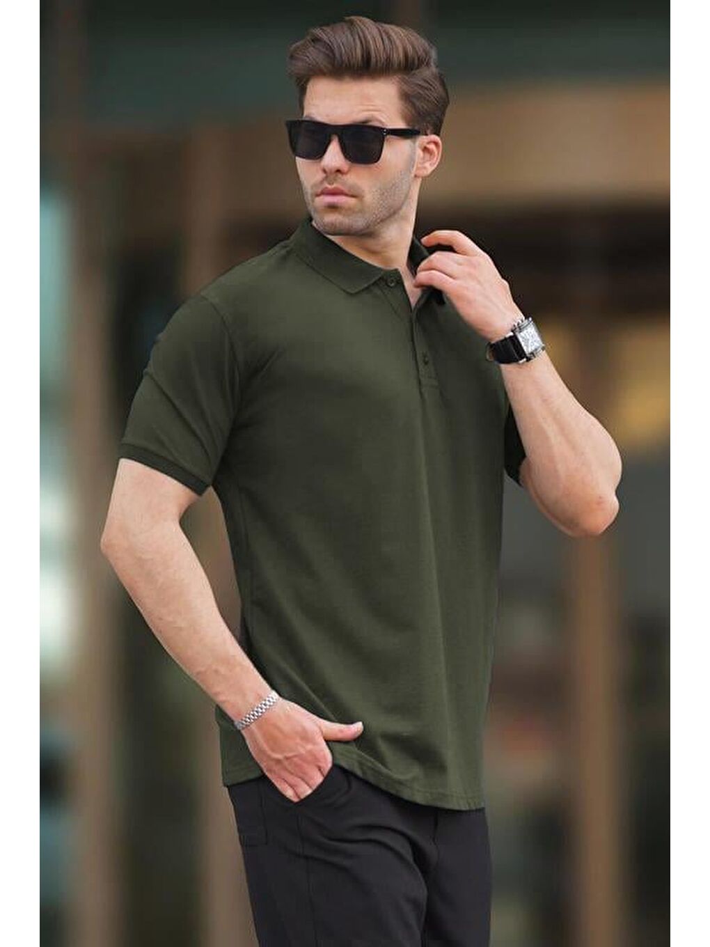 Haki Overfit Kısa Kollu Polo Yaka Erkek Tişört 7029