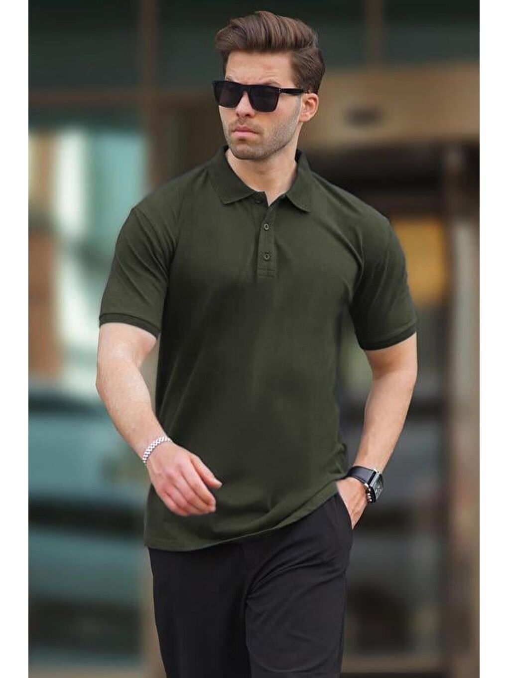 Haki Overfit Kısa Kollu Polo Yaka Erkek Tişört 7029-1