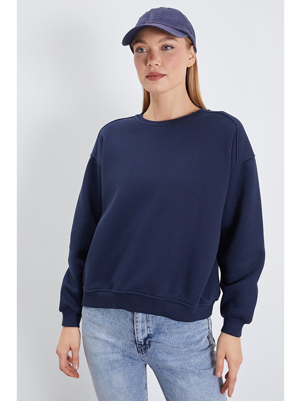Lacivert 3 İplik Basic Bisiklet Yaka Oversize Sweatshirt-1