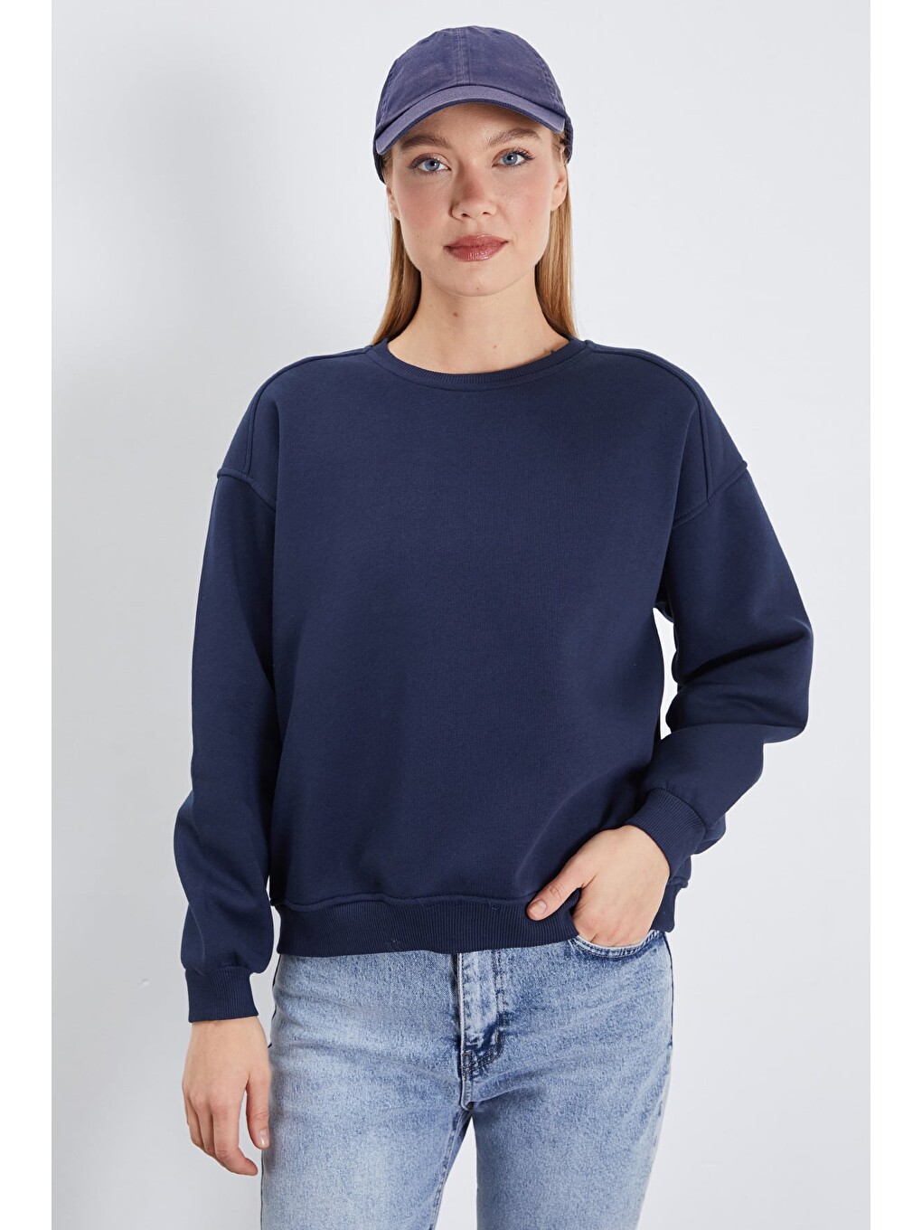 Lacivert 3 İplik Basic Bisiklet Yaka Oversize Sweatshirt-2