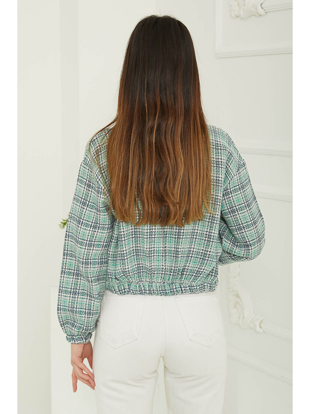 Yeşil Kadın Polo Yaka Ekose Desenli Fermuarlı Ceket Yesil - 13362-5