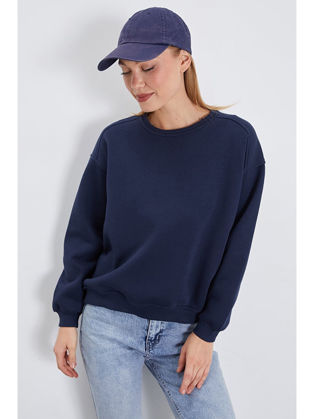 Lacivert 3 İplik Basic Bisiklet Yaka Oversize Sweatshirt-3