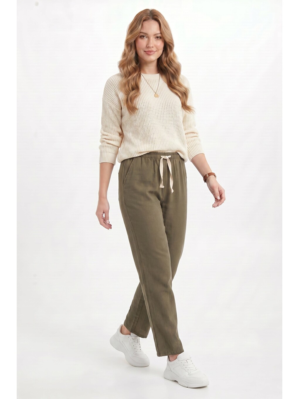Kadın %100 Pamuk Baggy Fit Rahat Kesim Lastikli Bel Müslin Kumaş Cepli Haki Pantolon-6