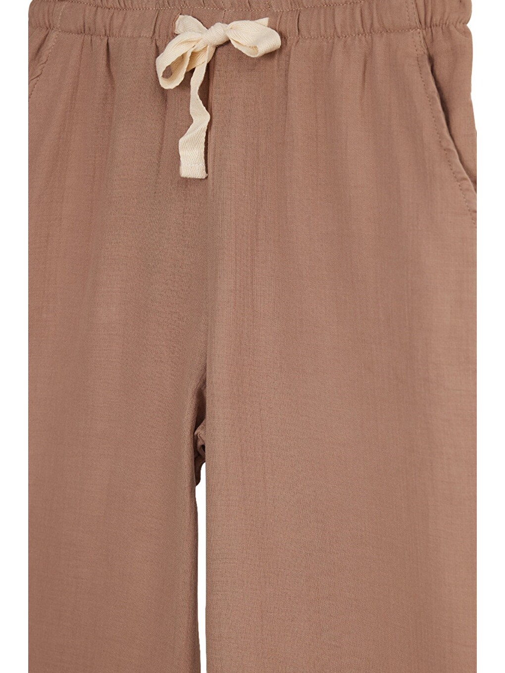 Kadın %100 Pamuk Baggy Fit Rahat Kesim Lastikli Bel Müslin Kumaş Cepli Bej Pantolon-3