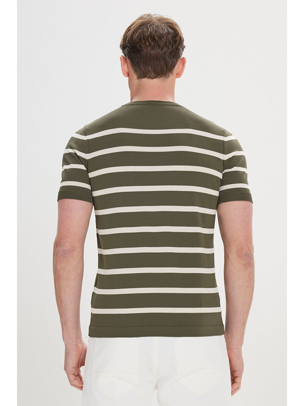 Erkek Haki-Ekru Yumuşak Dokulu Normal Kesim Bisiklet Yaka Çizgili Triko Tişört-3