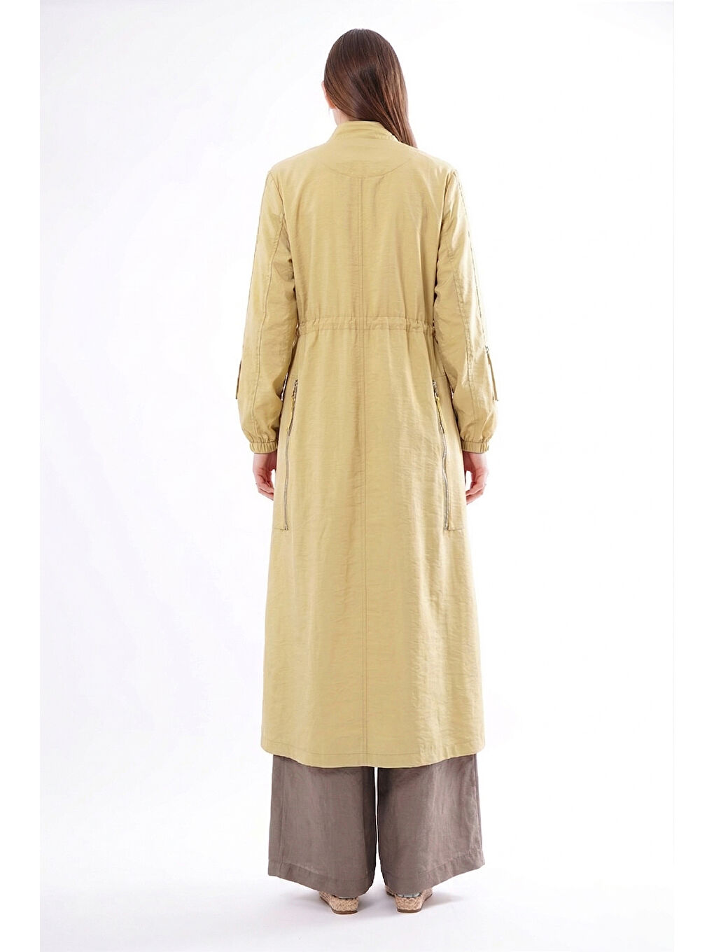 Hakim Yaka Beli Büzgülü Önden Fermuar Detaylı Safari Kap Ceket 822 Sarı-2