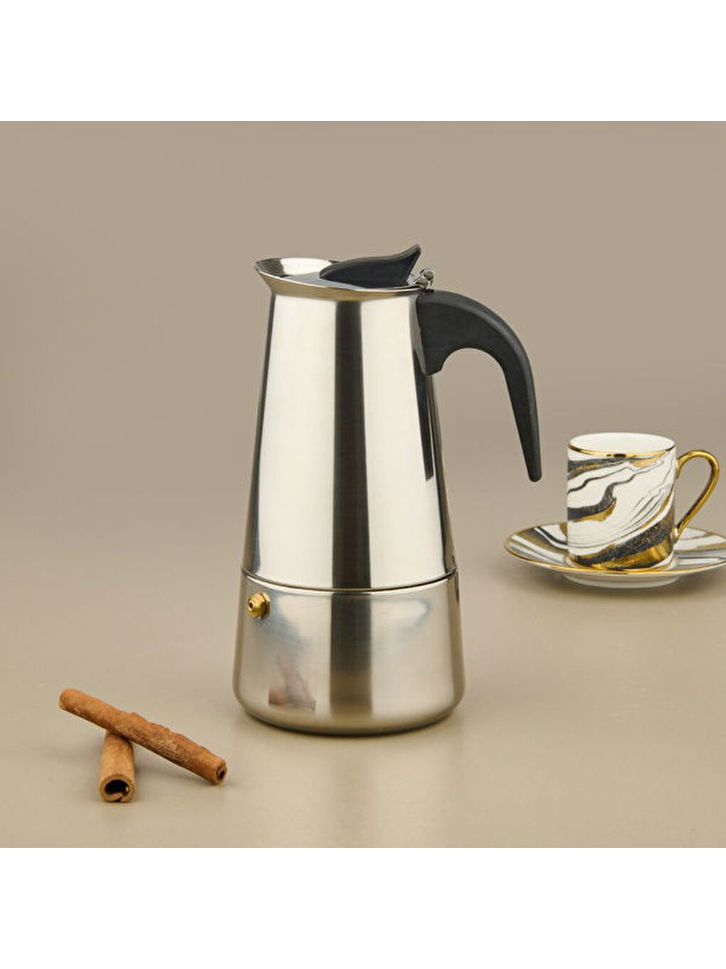 6 Fincanlık Paslanmaz Çelik Moka Cezve - Gri / Siyah
