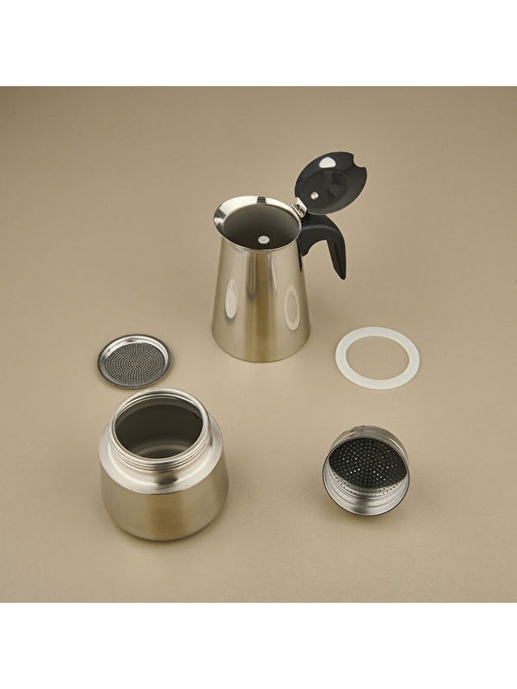 6 Fincanlık Paslanmaz Çelik Moka Cezve - Gri / Siyah-1