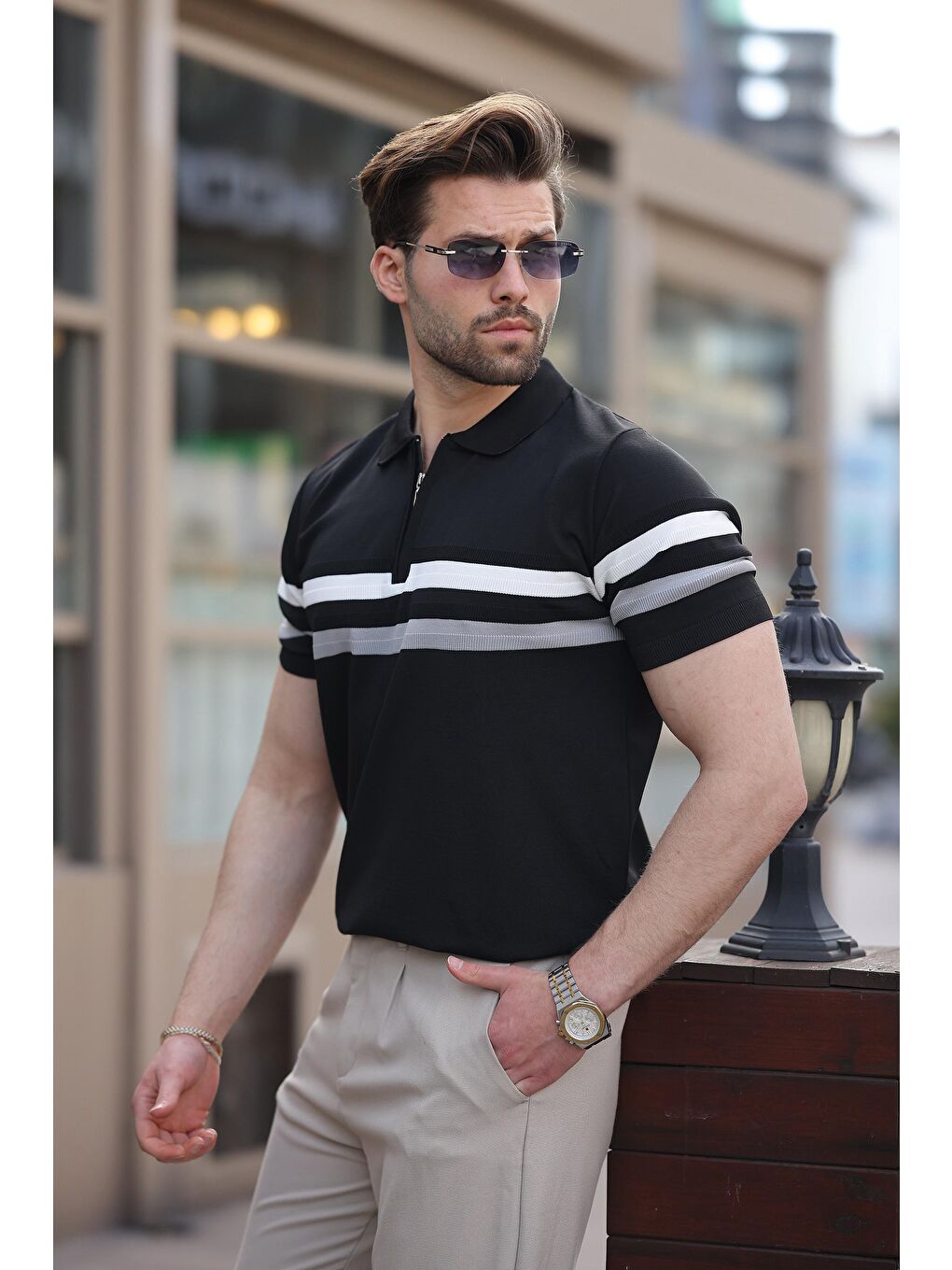 Siyah Fermuarlı Polo Yaka Triko Erkek T-Shirt E7299