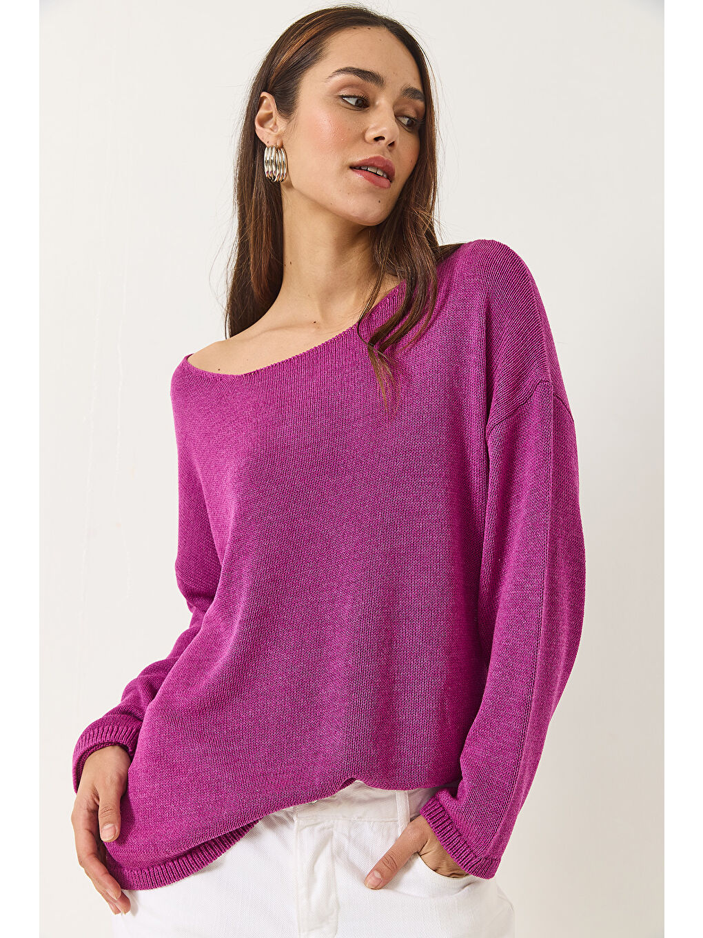 Mor Kadın Kayık Yaka Triko Merserize Basic Bluz-1