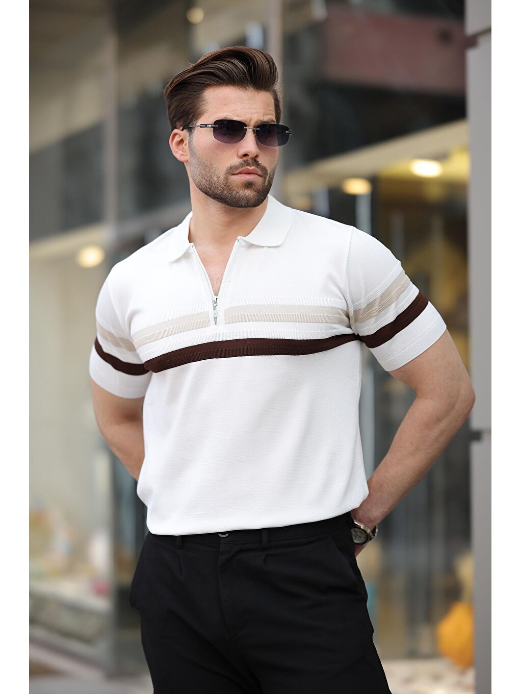 Beyaz Fermuarlı Polo Yaka Triko Erkek T-Shirt E7299