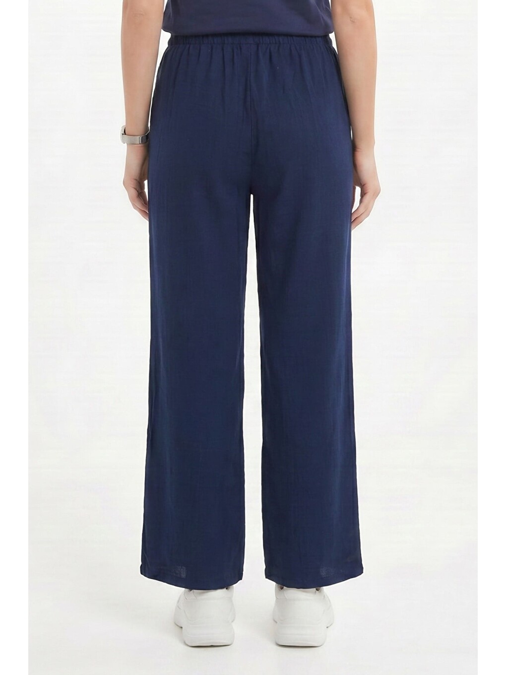 Kadın %100 Pamuk Baggy Fit Rahat Kesim Lastikli Bel Müslin Kumaş Cepli Lacivert Pantolon-4
