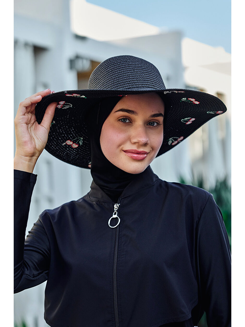 Kiraz Nakışlı Hasır Şapka Plaj Şapkası 2115 Siyah-1