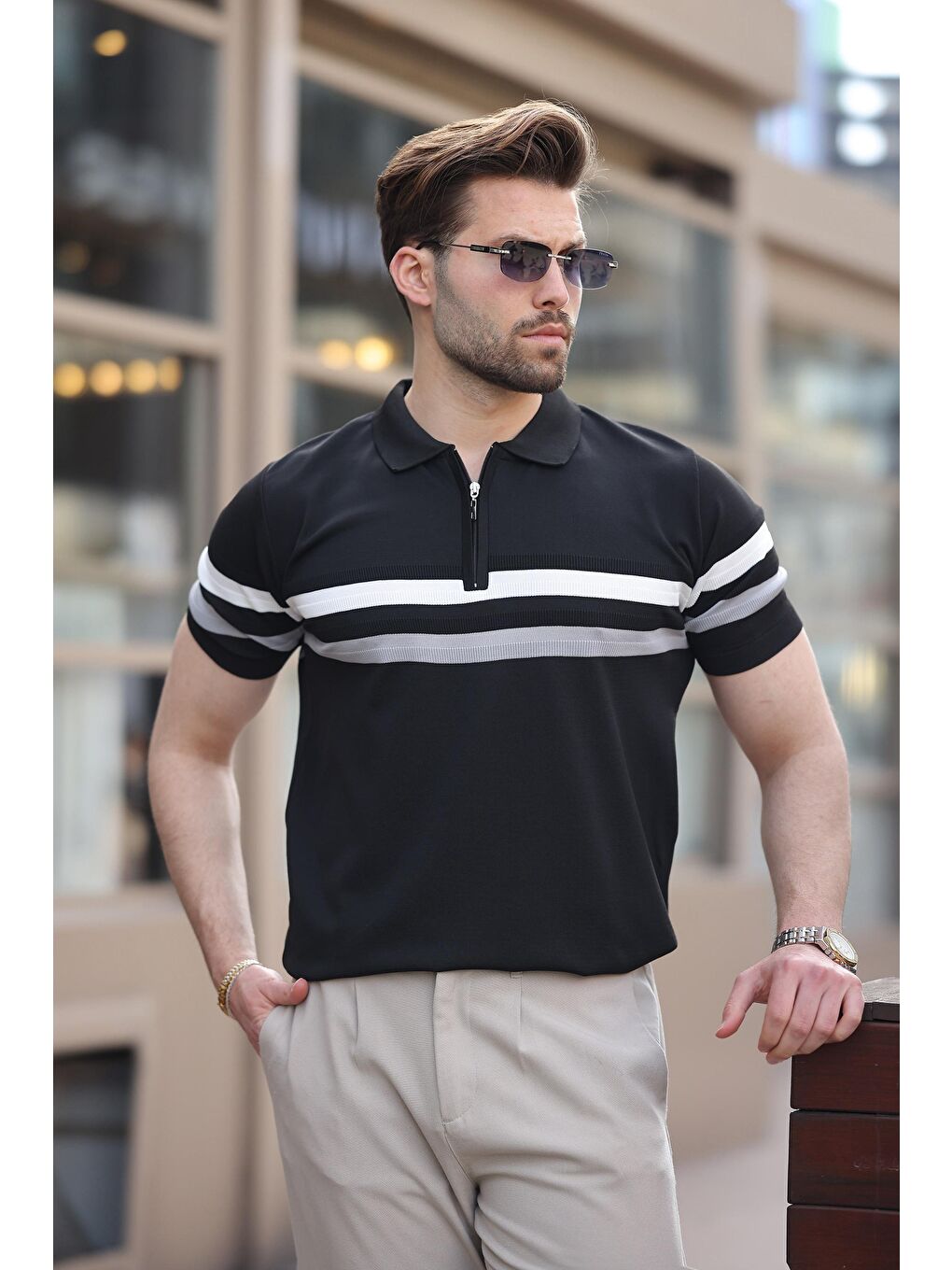 Siyah Fermuarlı Polo Yaka Triko Erkek T-Shirt E7299-1