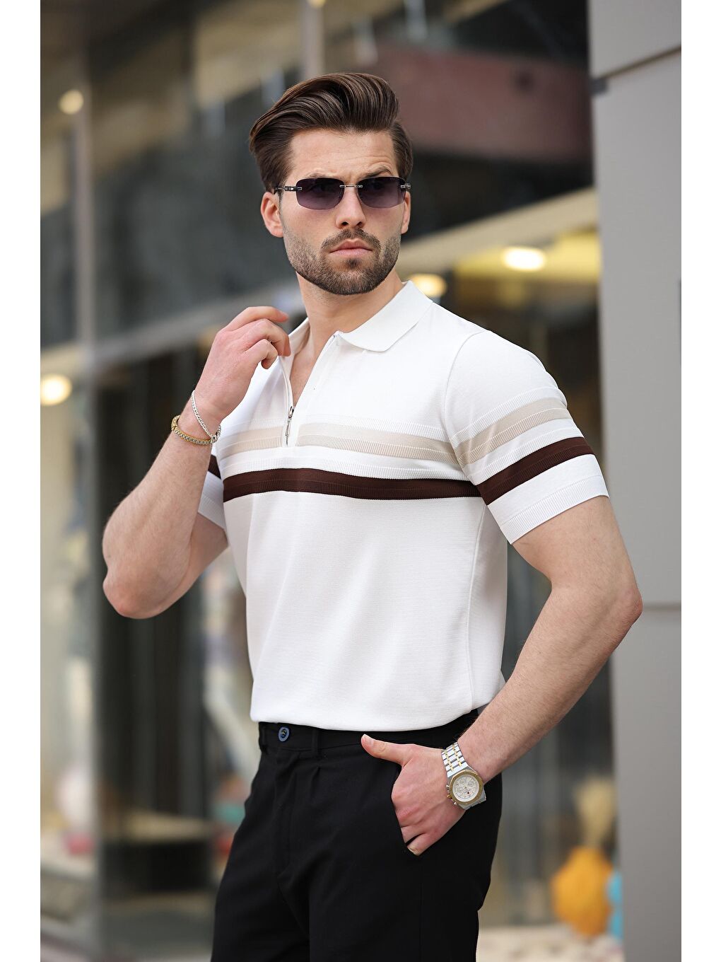 Beyaz Fermuarlı Polo Yaka Triko Erkek T-Shirt E7299-1