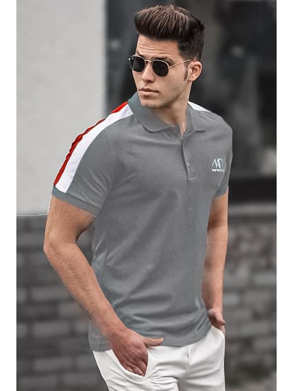 Gri Füme Şeritli Polo Yaka Erkek Tişört 5215