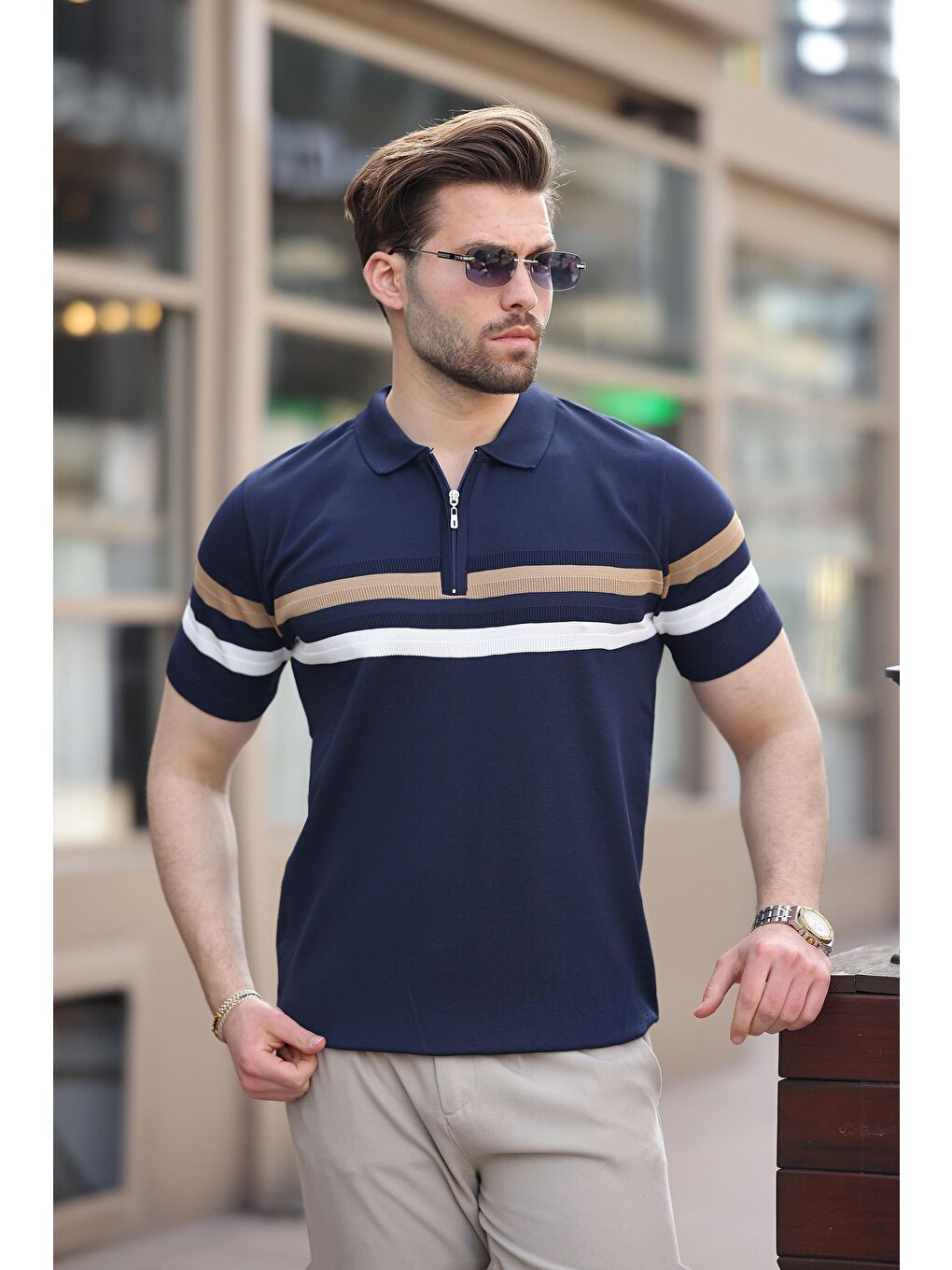 Lacivert Fermuarlı Polo Yaka Triko Erkek T-Shirt E7299