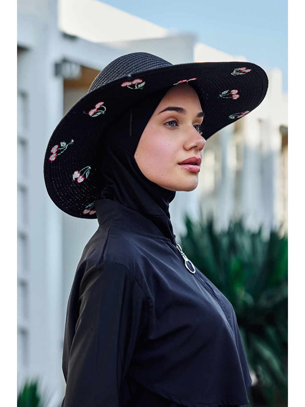 Kiraz Nakışlı Hasır Şapka Plaj Şapkası 2115 Siyah-2