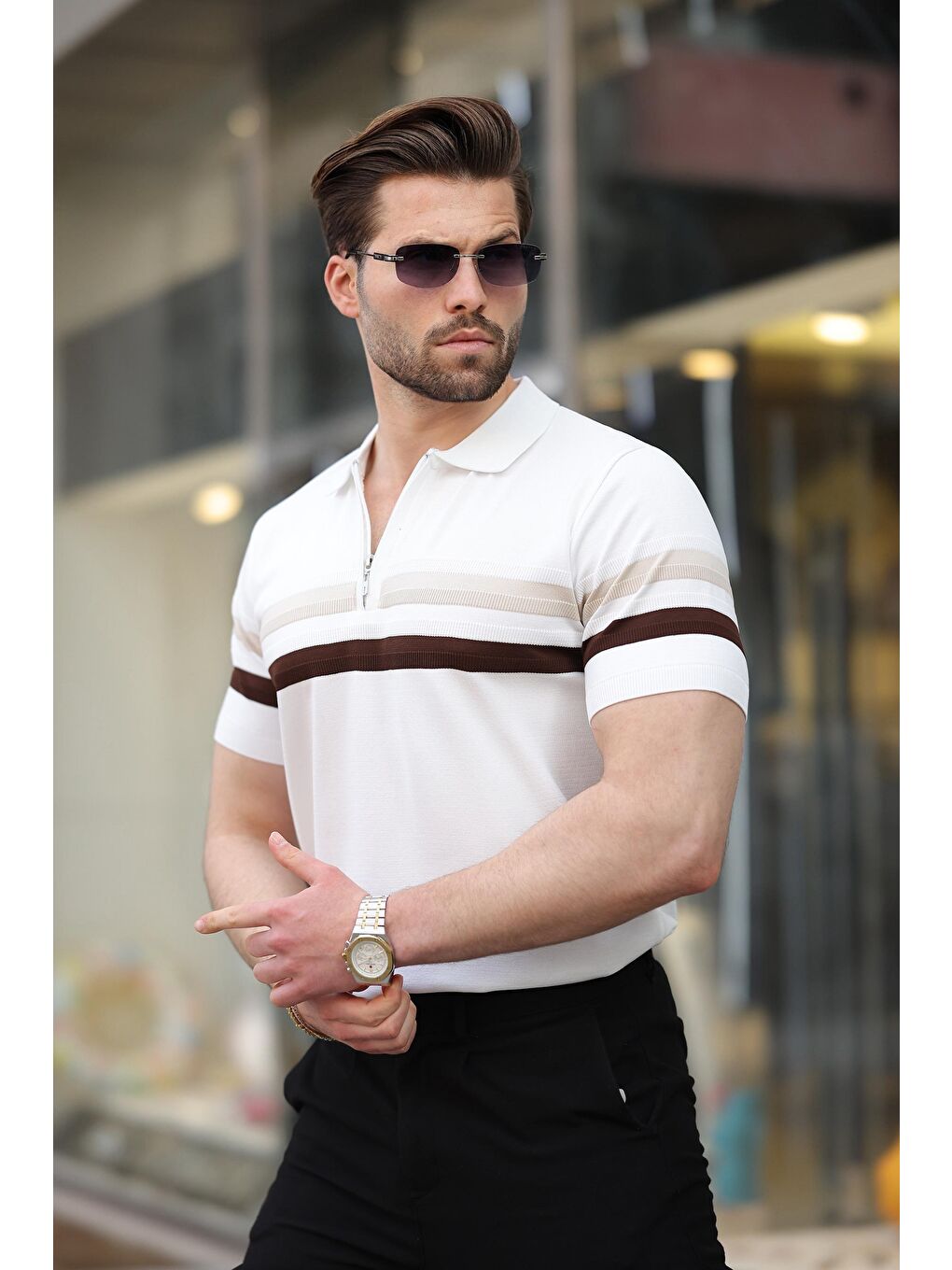 Beyaz Fermuarlı Polo Yaka Triko Erkek T-Shirt E7299-2
