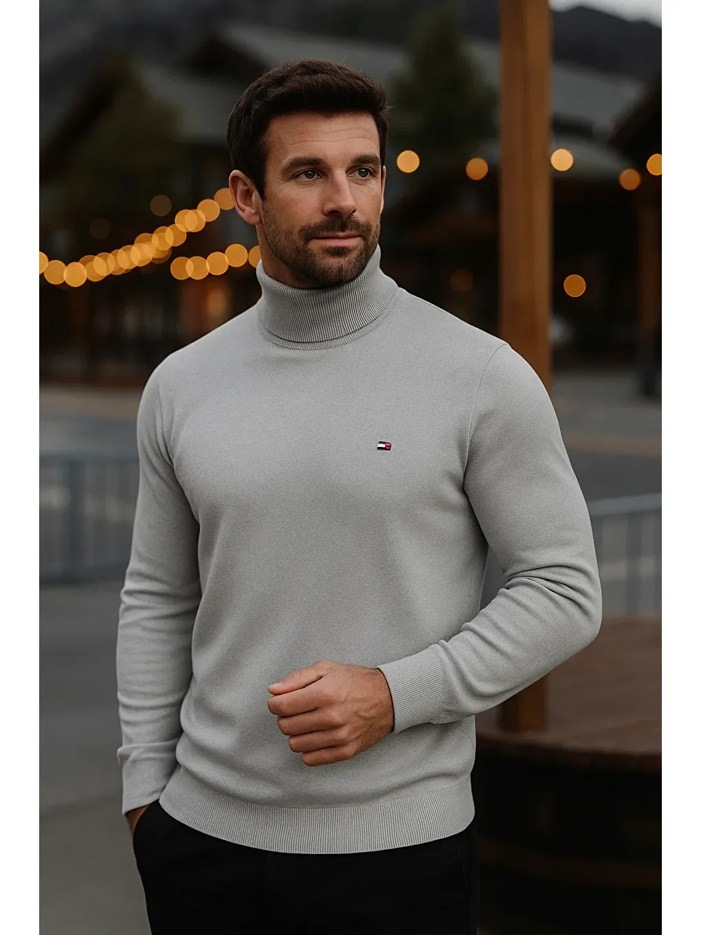 Erkek Günlük Dar Gri Tam Balıkçı Yaka Kazak