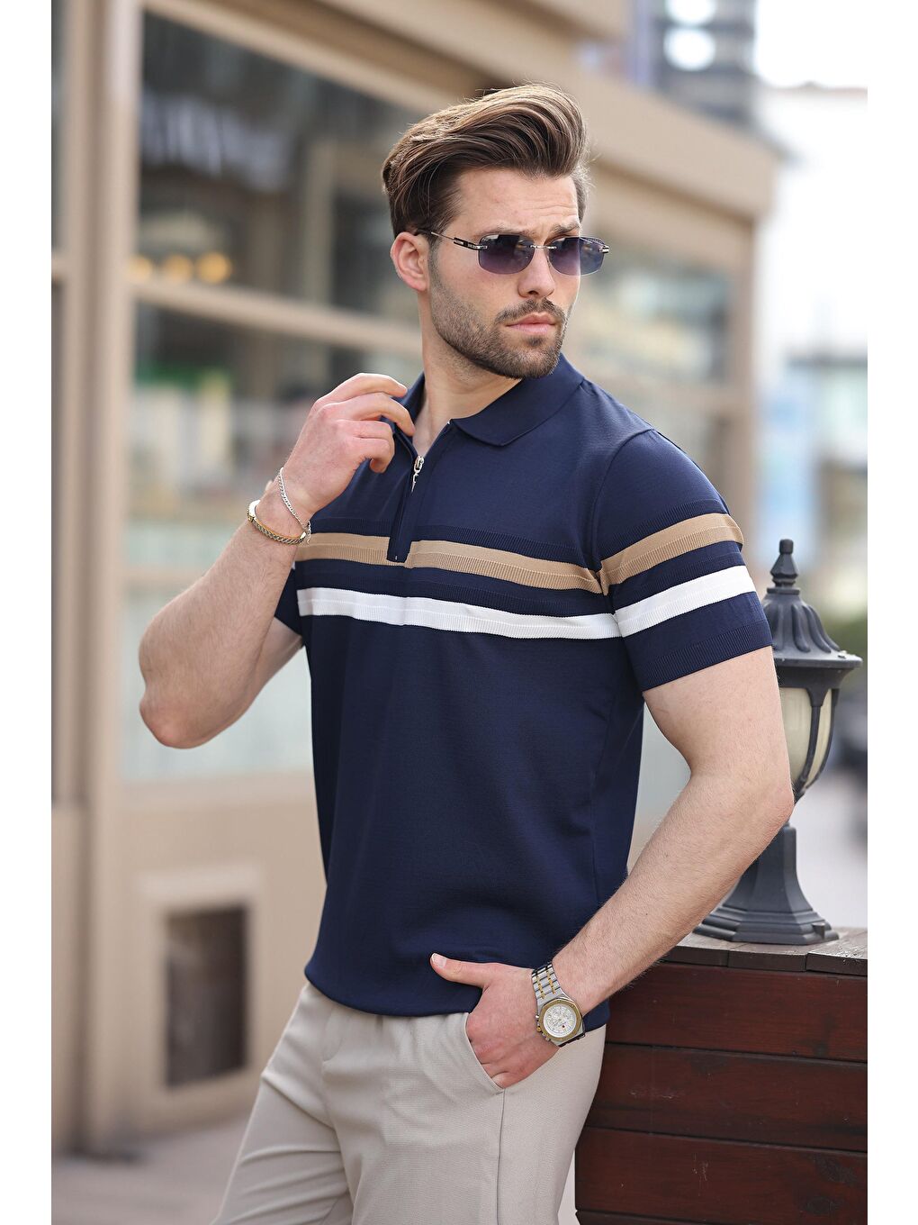 Lacivert Fermuarlı Polo Yaka Triko Erkek T-Shirt E7299-1